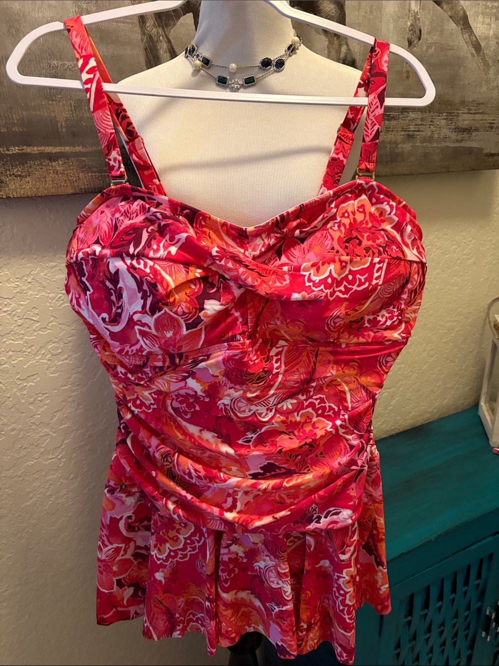 Red Floral Swim top with Built-In Bra